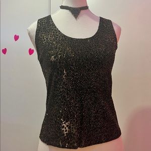 1990s 90s Onyx Nite Black Gold Sparkly Glitter Cheetah Leopard Print Top